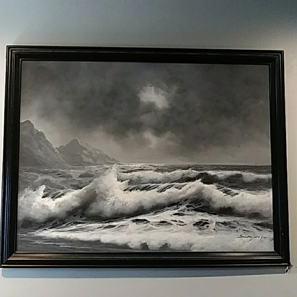Large acrylic grey, black, & white ocean painting